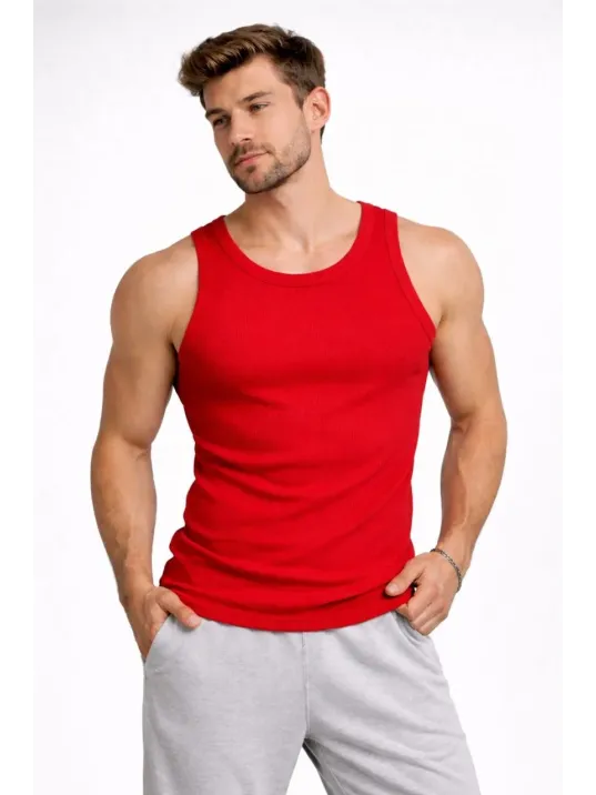 Erkek Fitilli Atlet Sıfır Yaka Slim Fit Arka Baskılı Spor Atlet - Kırmızı