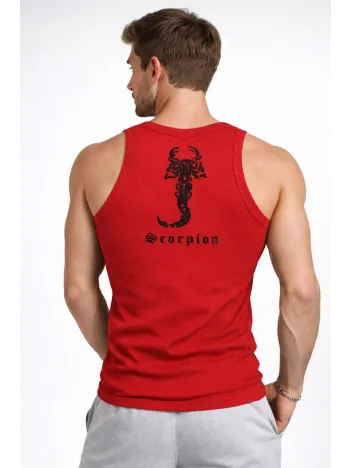 Erkek Fitilli Atlet Sıfır Yaka Slim Fit Arka Baskılı Spor Atlet - Kırmızı