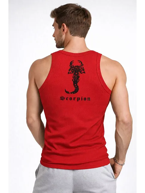 Erkek Fitilli Atlet Sıfır Yaka Slim Fit Arka Baskılı Spor Atlet - Kırmızı