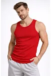 Erkek Fitilli Atlet Sıfır Yaka Slim Fit Arka Baskılı Spor Atlet - Kırmızı