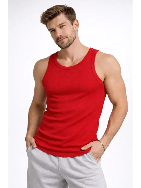 Erkek Fitilli Atlet Sıfır Yaka Slim Fit Arka Baskılı Spor Atlet - Kırmızı