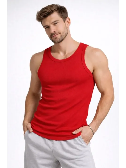 Erkek Fitilli Atlet Sıfır Yaka Slim Fit Arka Baskılı Spor Atlet - Kırmızı