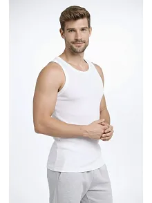 Erkek Fitilli Atlet Sıfır Yaka Slim Fit Arka Baskılı Spor Atlet - Beyaz