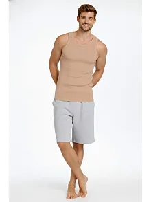 Erkek Fitilli Atlet Sıfır Yaka Slim Fit Arka Baskılı Spor Atlet - Bej
