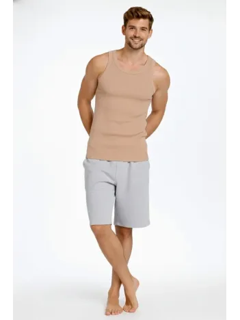 Erkek Fitilli Atlet Sıfır Yaka Slim Fit Arka Baskılı Spor Atlet - Bej