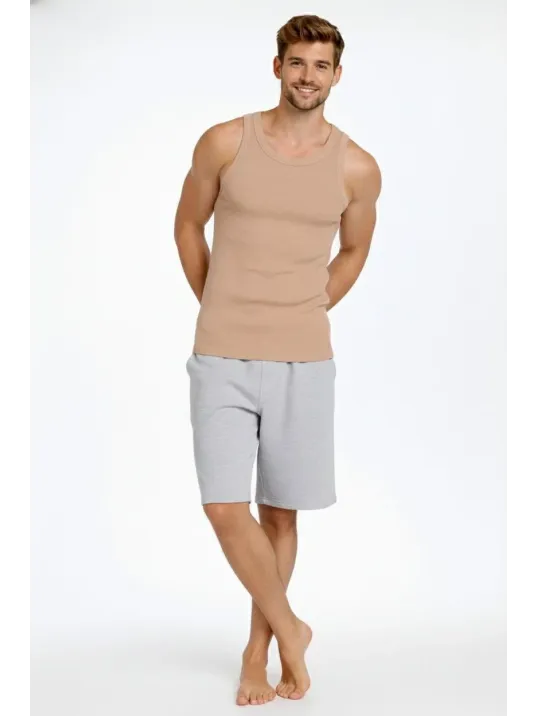 Erkek Fitilli Atlet Sıfır Yaka Slim Fit Arka Baskılı Spor Atlet - Bej