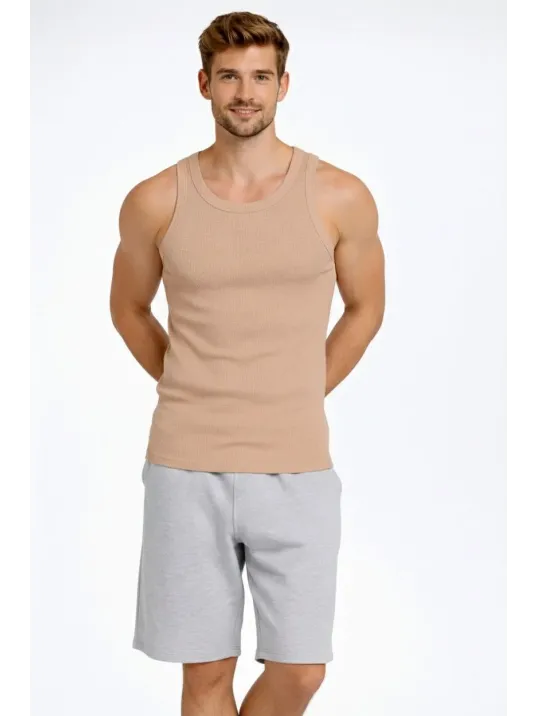 Erkek Fitilli Atlet Sıfır Yaka Slim Fit Arka Baskılı Spor Atlet - Bej