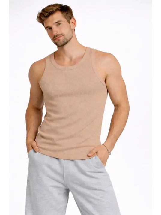 Erkek Fitilli Atlet Sıfır Yaka Slim Fit Arka Baskılı Spor Atlet - Bej