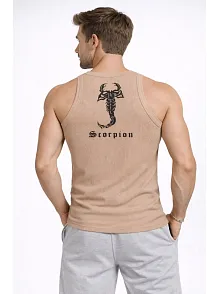 Erkek Fitilli Atlet Sıfır Yaka Slim Fit Arka Baskılı Spor Atlet - Bej