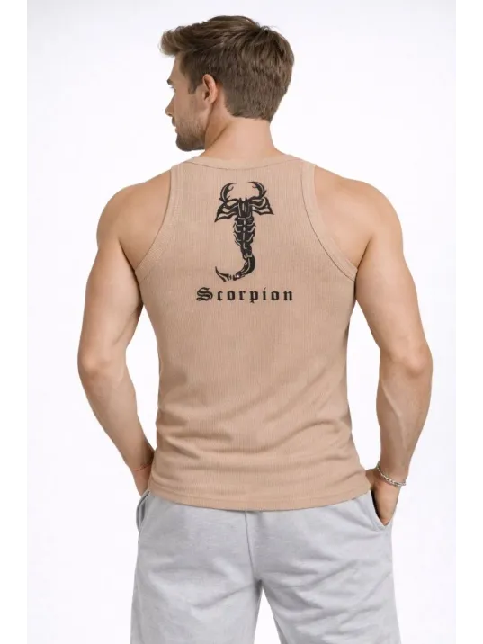 Erkek Fitilli Atlet Sıfır Yaka Slim Fit Arka Baskılı Spor Atlet - Bej