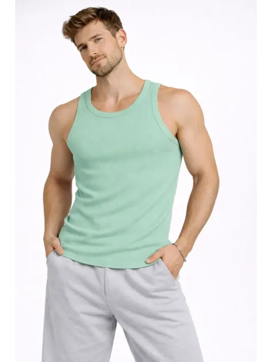 Erkek Fitilli Atlet Sıfır Yaka Slim Fit Arka Baskılı Spor Atlet - Mint Yeşili