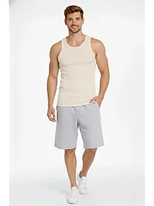 Erkek Fitilli Atlet Sıfır Yaka Slim Fit Arka Baskılı Spor Atlet - Krem