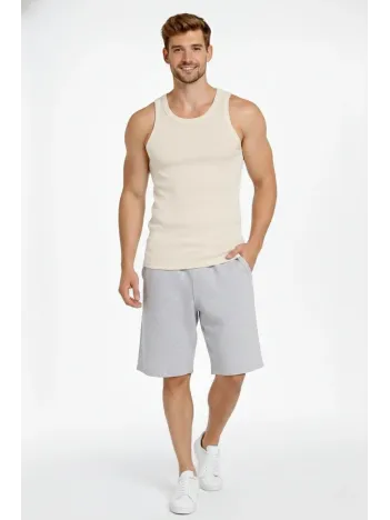 Erkek Fitilli Atlet Sıfır Yaka Slim Fit Arka Baskılı Spor Atlet - Krem