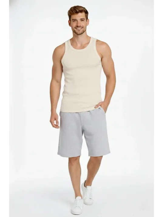 Erkek Fitilli Atlet Sıfır Yaka Slim Fit Arka Baskılı Spor Atlet - Krem