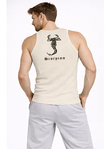 Erkek Fitilli Atlet Sıfır Yaka Slim Fit Arka Baskılı Spor Atlet - Krem