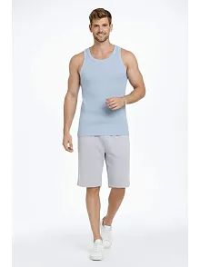 Erkek Fitilli Atlet Sıfır Yaka Slim Fit Arka Baskılı Spor Atlet - Bebek Mavisi
