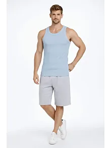 Erkek Fitilli Atlet Sıfır Yaka Slim Fit Arka Baskılı Spor Atlet - Bebek Mavisi