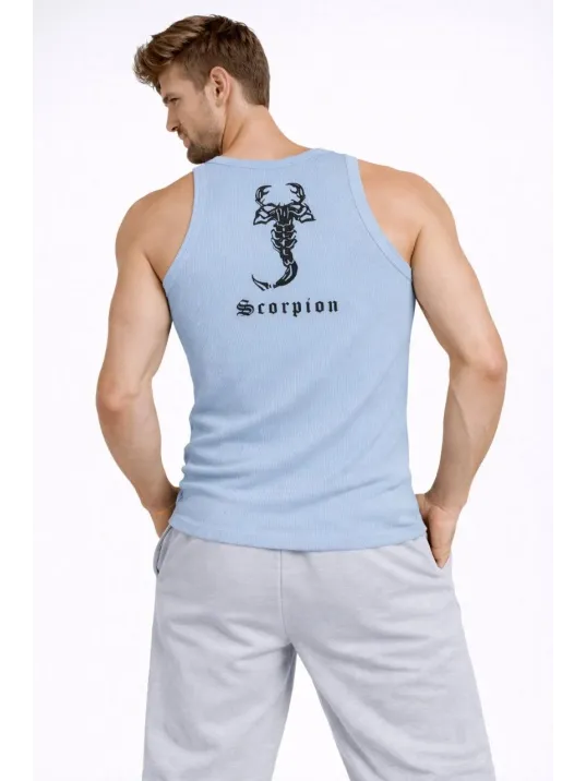 Erkek Fitilli Atlet Sıfır Yaka Slim Fit Arka Baskılı Spor Atlet - Bebe Mavisi