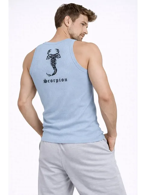 Erkek Fitilli Atlet Sıfır Yaka Slim Fit Arka Baskılı Spor Atlet - Bebek Mavisi