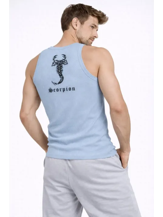 Erkek Fitilli Atlet Sıfır Yaka Slim Fit Arka Baskılı Spor Atlet - Bebe Mavisi