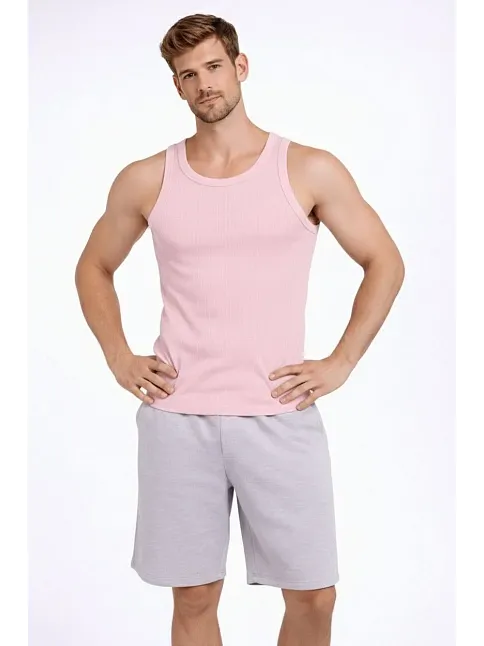 Erkek Fitilli Atlet Sıfır Yaka Slim Fit Arka Baskılı Spor Atlet - Pembe