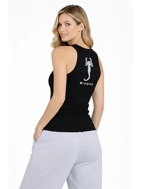 Kadın Fitilli Atlet Sıfır Yaka Slim Fit Arka Baskılı Spor Atlet - Siyah