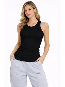 Kadın Fitilli Atlet Sıfır Yaka Slim Fit Arka Baskılı Spor Atlet - Siyah