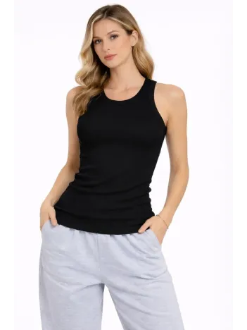 Kadın Fitilli Atlet Sıfır Yaka Slim Fit Arka Baskılı Spor Atlet - Siyah