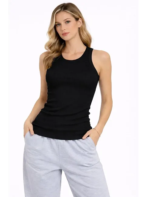 Kadın Fitilli Atlet Sıfır Yaka Slim Fit Arka Baskılı Spor Atlet - Siyah