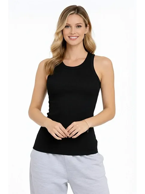 Kadın Fitilli Atlet Sıfır Yaka Slim Fit Arka Baskılı Spor Atlet - Siyah