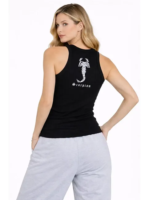 Kadın Fitilli Atlet Sıfır Yaka Slim Fit Arka Baskılı Spor Atlet - Siyah