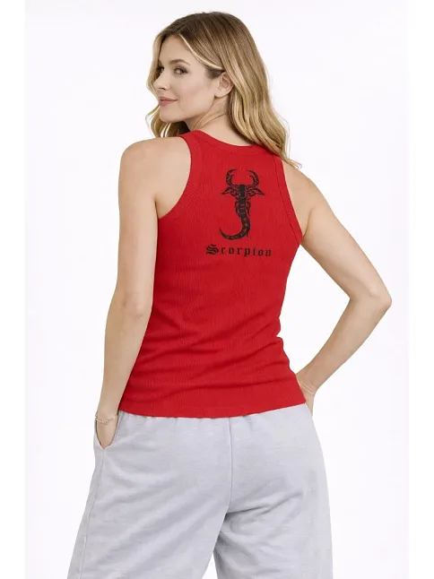 Kadın Fitilli Atlet Sıfır Yaka Slim Fit Arka Baskılı Spor Atlet - Kırmızı