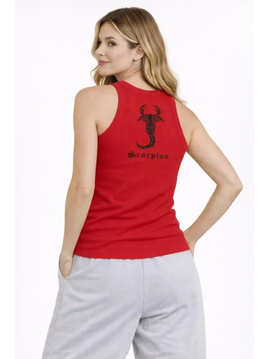 Kadın Fitilli Atlet Sıfır Yaka Slim Fit Arka Baskılı Spor Atlet - Kırmızı