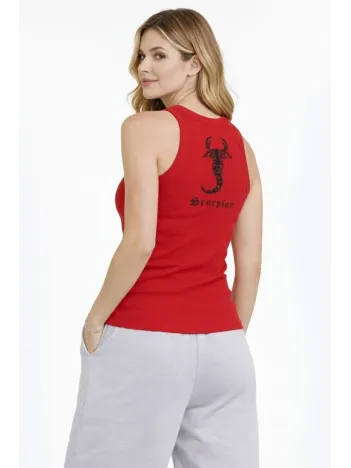 Kadın Fitilli Atlet Sıfır Yaka Slim Fit Arka Baskılı Spor Atlet - Kırmızı