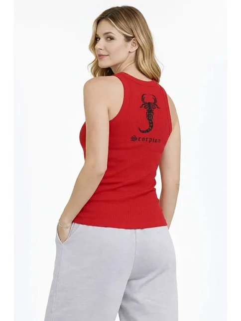 Kadın Fitilli Atlet Sıfır Yaka Slim Fit Arka Baskılı Spor Atlet - Kırmızı
