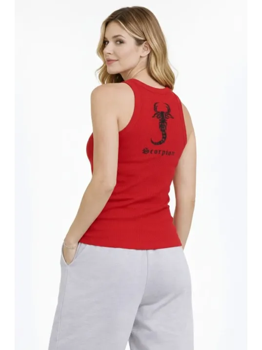 Kadın Fitilli Atlet Sıfır Yaka Slim Fit Arka Baskılı Spor Atlet - Kırmızı