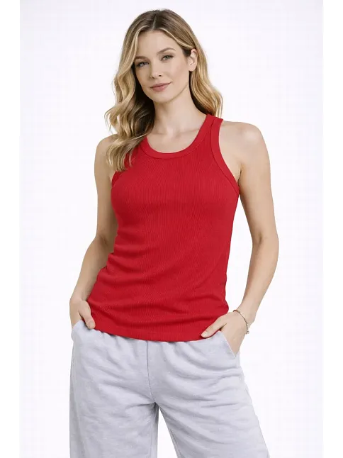 Kadın Fitilli Atlet Sıfır Yaka Slim Fit Arka Baskılı Spor Atlet - Kırmızı