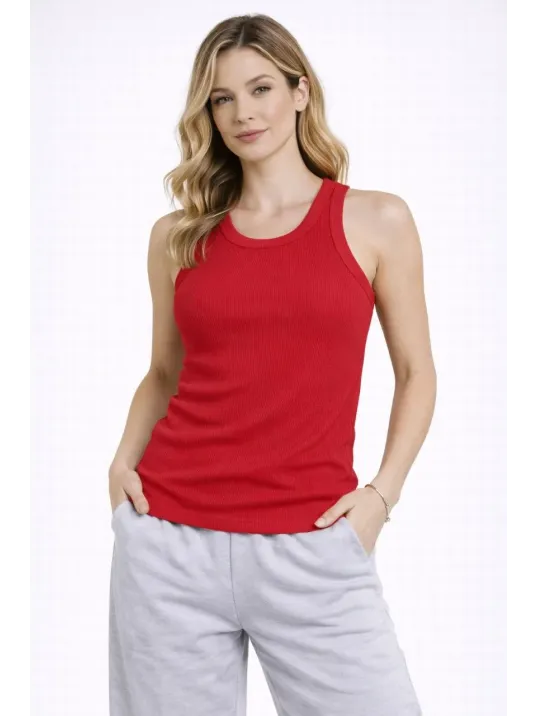 Kadın Fitilli Atlet Sıfır Yaka Slim Fit Arka Baskılı Spor Atlet - Kırmızı