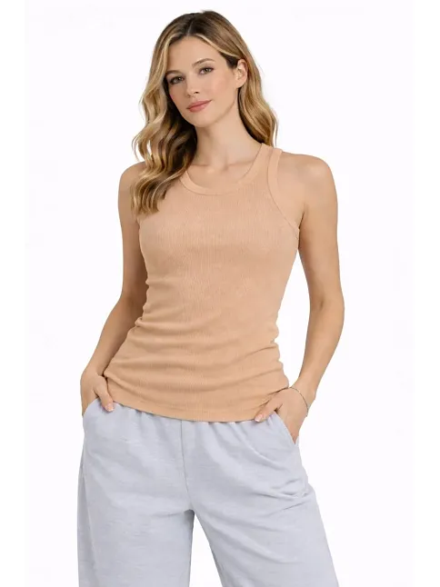 Kadın Fitilli Atlet Sıfır Yaka Slim Fit Arka Baskılı Spor Atlet - Bej