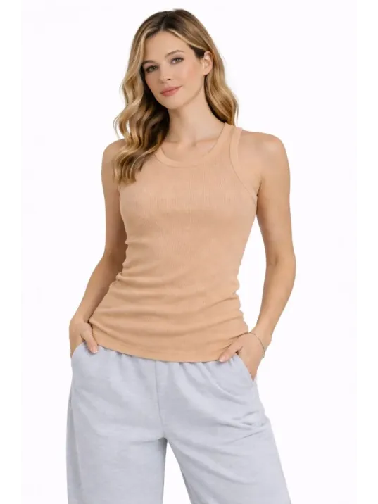 Kadın Fitilli Atlet Sıfır Yaka Slim Fit Arka Baskılı Spor Atlet - Bej