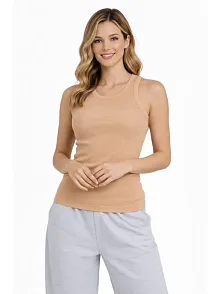 Kadın Fitilli Atlet Sıfır Yaka Slim Fit Arka Baskılı Spor Atlet - Bej