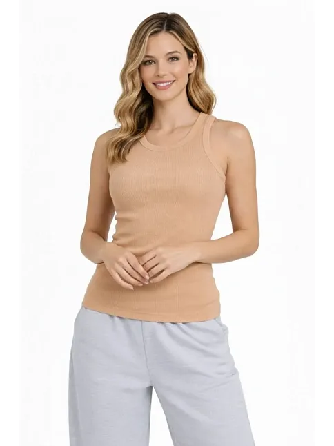 Kadın Fitilli Atlet Sıfır Yaka Slim Fit Arka Baskılı Spor Atlet - Bej