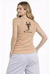 Kadın Fitilli Atlet Sıfır Yaka Slim Fit Arka Baskılı Spor Atlet - Bej
