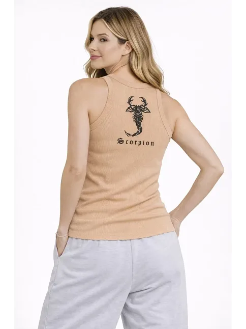 Kadın Fitilli Atlet Sıfır Yaka Slim Fit Arka Baskılı Spor Atlet - Bej