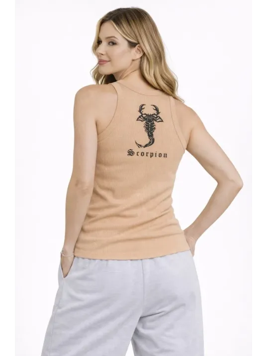 Kadın Fitilli Atlet Sıfır Yaka Slim Fit Arka Baskılı Spor Atlet - Bej