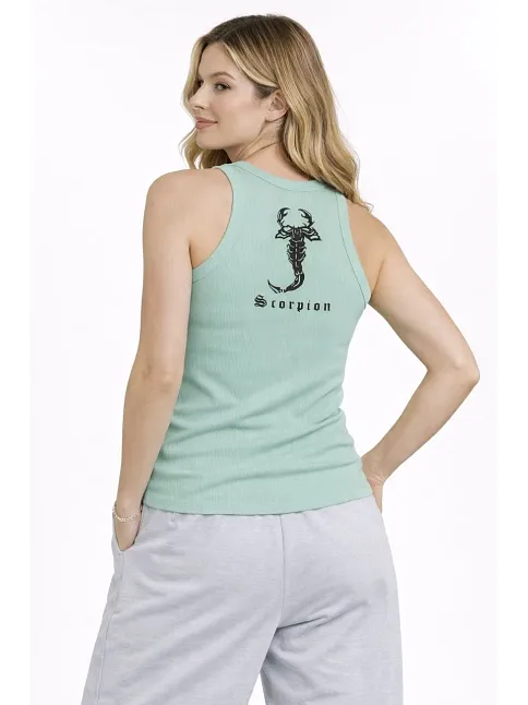 Kadın Fitilli Atlet Sıfır Yaka Slim Fit Arka Baskılı Spor Atlet - Mint Yeşili