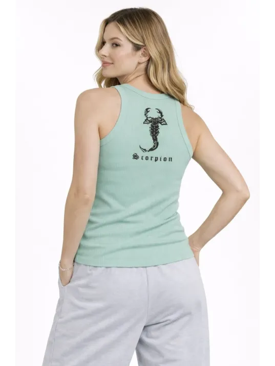 Kadın Fitilli Atlet Sıfır Yaka Slim Fit Arka Baskılı Spor Atlet - Mint Yeşili