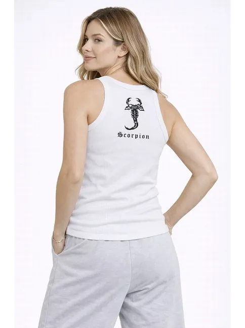 Kadın Fitilli Atlet Sıfır Yaka Slim Fit Arka Baskılı Spor Atlet - Beyaz
