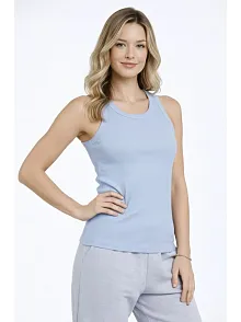 Kadın Fitilli Atlet Sıfır Yaka Slim Fit Arka Baskılı Spor Atlet - Bebek Mavisi