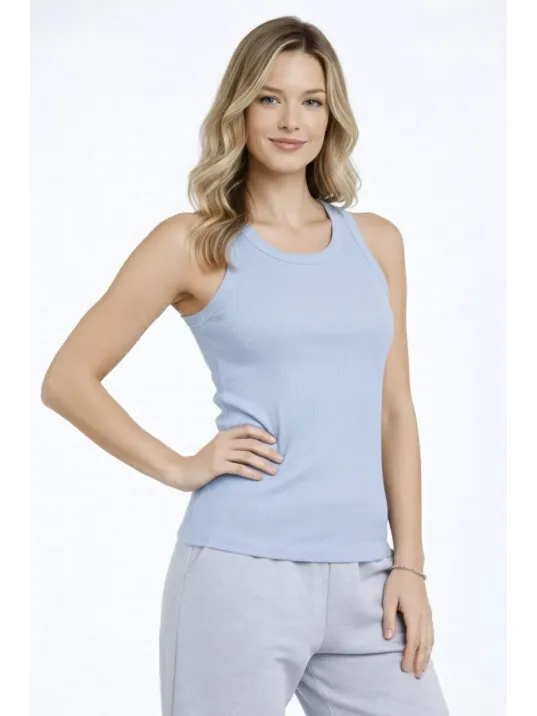 Kadın Fitilli Atlet Sıfır Yaka Slim Fit Arka Baskılı Spor Atlet - Bebek Mavisi